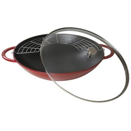 Wok 37 cm, so sklenenou pokrievkou, čerešňa, liatina, Staub