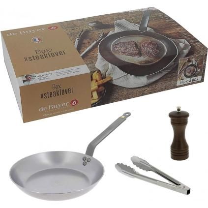 Steaková panvica MINERAL B 26 cm, s mlynček na korenie a kuchárske kliešte, de Buyer